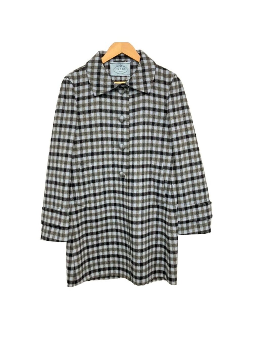 Prada Coat S Light Blue Black Long Sleeve Plaid Pattern